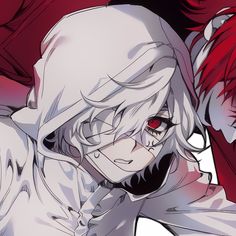 two anime characters with red eyes and white hair, one is holding the other's head