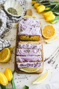 slices of lemon lavender cake on a cutting board