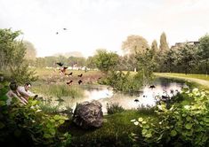 an artist's rendering of people sitting on the edge of a pond surrounded by greenery