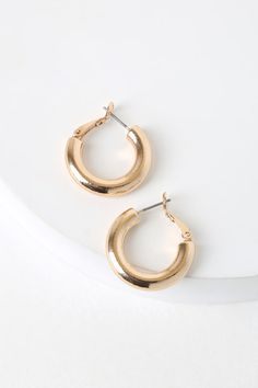 Lulus Exclusive! You'll love the Lulus Tantalizing Gold Hoop Earrings so much, you won't want to take them off! These cute earrings are thick, small hoops and with post backs. Accessorize to perfection with these babes! Post backs. 1" diameter. Brass. Imported. Lulus | Tantalizing Gold Hoop Earrings. Gold Earrings Hoops, Thick Earrings, Thick Hoop Earrings, My First Apartment, Honeymoon Outfits, Earrings Hoops, Chic Earrings, Small Design, Hoop Earrings Gold