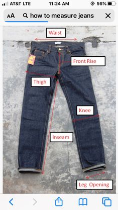 the parts of a pair of jeans with their names and description on them, labeled in red