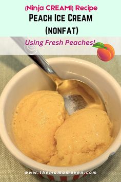 two scoops of ice cream in a bowl with the words, nof at using fresh peaches