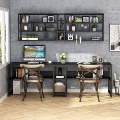 a room with two desks and shelves on the wall