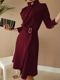 Long sleeve Regular Fit Elegant Midi Dress | stylewe Stand Neck, Business Party, Elegant Midi Dresses, Split Dress, Dresses Elegant, Skirt Belt, Moda Vintage, Long Sleeve Midi, Long Sleeve Midi Dress