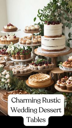 a table topped with lots of cakes and desserts on top of wooden trays