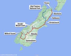 a map showing the route to mount cook and waikipui, new zealand