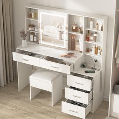 a white desk with drawers and a mirror