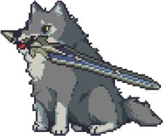 a pixel art image of a gray and white cat with a blue collar sitting down