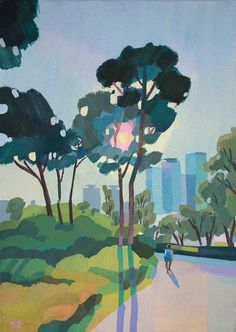 an abstract painting of trees and buildings in the background, with a person walking on a path