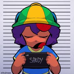 a cartoon character holding a sign with the words sandy on it