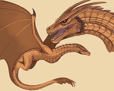 a drawing of a brown dragon with its mouth open and it's wings spread out