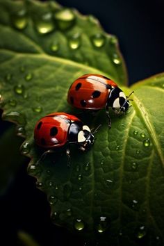 two ladybugs sitting on top of a green leaf covered in raindrops