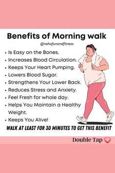 a woman running with the words benefits of morning walk on her chest and back side