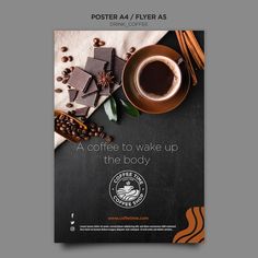 the coffee flyer is designed to look like it has been placed on top of a table