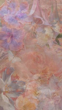 an abstract painting with flowers and leaves on the bottom right corner, in pastel colors