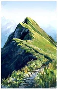 a painting of a mountain with grass and flowers