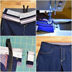 four pictures showing how to sew jeans with the sewing machine and fabric in place