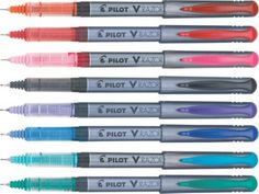 six different colored pens are lined up in the same row, each with an individual's name on it