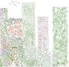 a drawing of several tall buildings with plants growing on the sides and flowers in the middle