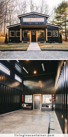 two pictures of the inside and outside of a building with black sidings on it