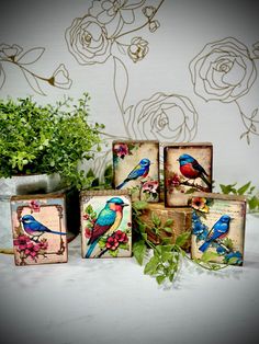 four birds painted on wooden blocks sitting next to a potted plant