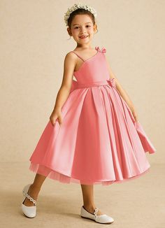 Complete your bridal party with our modern matte satin flower girl dress, Lollipop. Her one-shoulder neckline is complemented with a bow at the shoulder and bow belt. The skirt is ruched beautifully to flare as she walks down the aisle. Flower Girl Pink Dress, Pink Jr Bridesmaid Dresses, Flowergirls Dress Pink, Blush Pink Flowergirl Dress, Coral Flower Girl Dresses, Tea Length Flower Girl Dress, Tea Length Tulle, Satin Flower Girl Dress, White Alabaster