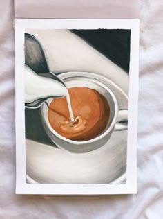 a painting of a cup of coffee being poured into it with a spoon on a white cloth