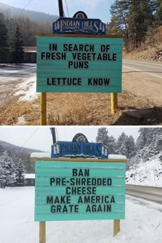 there are two signs on the side of the road that read in search of fresh vegetable puns lettuce know