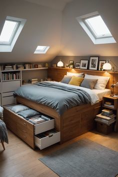 a bedroom with two skylights above the bed and drawers under the bedspread