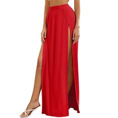 Red Multi High Split Sexy Long Skirt Summer Night Out Solid Color Skirt, Solid Color Summer Skirt For Night Out, Summer Solid Color Skirt For Night Out, Fitted High Waist Maxi Skirt With Split Design, Fitted Red Maxi Skirt For Night Out, Party Solid Long Skirt Bottoms, High Waist Solid Color Club Bottoms, Stretch Solid Color Party Skirt, Red Long Skirt For Night Out