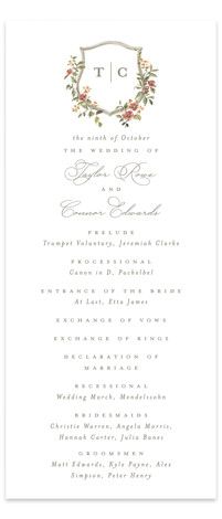 the wedding program card is shown in white with floral wreaths and leaves on it