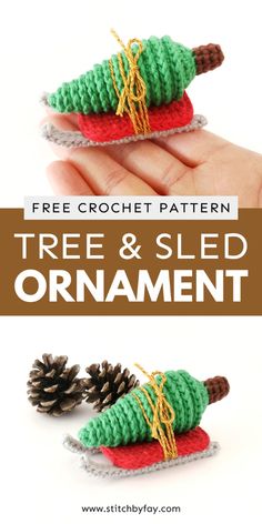 two pine cone and seed ornament with text overlay that reads free crochet pattern tree & seed ornament