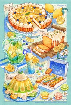 a painting of lemons and cake on display