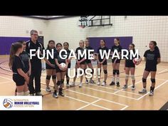 a group of girls standing on top of a basketball court with the words fun game warm ups