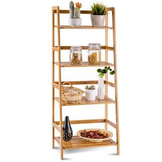 a wooden shelf with plants and food on it, against a white background that is also used as a shelving unit