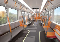 the interior of a train with orange seats and gray flooring is shown in this image