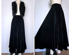 Vintage Black Velvet Skirt  High Waist  Maxi - Ankle Floor Length  Zip on back  Not Lined  Lots of beautiful fabric  Guessing circa 50s but could be more recent like 70s/80s  NOTE : if you are interested in the velvet cropped vest shown in pictures, here's the link as it's sold separately: https://www.etsy.com/listing/1681004364/vintage-black-velvet-vest-cropped-by?click_key=5a5faadc94df2120e1efc428da8b81b194141da5%3A1681004364&click_sum=0e749821&ref=shop_home_active_2&frs=1&sts=1 Excellent Vint Vintage Black Skirt For Costume Party, Vintage Fitted Evening Skirt, Fitted Vintage Costume Bottoms, Vintage Fitted Bottoms For Costume, Vintage Party Lined Skirt, Vintage Full-length Fitted Skirt, Vintage Fitted Full-length Skirt, Vintage Formal Full Skirt Bottoms, Vintage Stretch Party Skirt