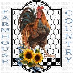 a rooster and sunflowers on a black and white checkerboard background with the words farm country