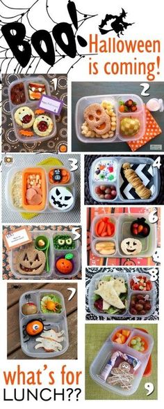 halloween is coming what's for lunch? with pictures of food in plastic containers