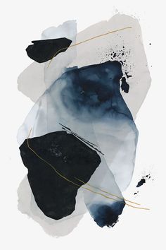 an abstract painting with black, white and gold paint on it's paper texture