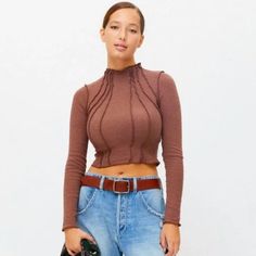 Urban Outfitter's Bdg Brand Long Sleeve Crop Top With Mock Neck. Vertical Seaming Along The Front And Back To Elevate This Basic Shirt. Brand New With Tags! Size Medium Cropped Polo Shirt, Flowy Crop Top, Mock Neck Crop Top, Sports Crop Tops, Tie Waist Top, Lace Sleeve Top, Denim Crop Top, Velvet Crop Top, Wear Crop Top