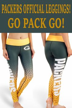 two women wearing green bay packers leggings with the words go pack go on them