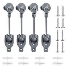 an assortment of metal handles and screws on a white background with clippings