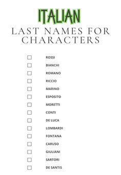 the italian last names for characters are shown in green and black letters on a white background