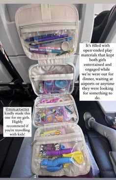 an open suitcase filled with lots of items on top of a plane seat next to another bag