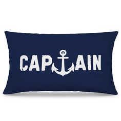 captain pillow with an anchor and the word captain in white on a navy blue background