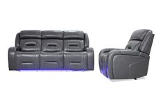 two recliners and a chair with blue lights on the arm rests against a white background