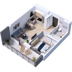 an overhead view of a bedroom and living room in a house plan with furniture on the floor