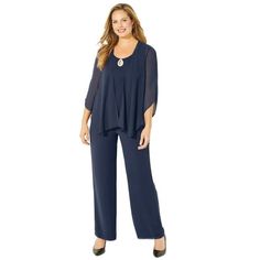 Catherines Women's Plus Size Accolades Georgette Pant Set .Comfort and beauty come together in this elegant pant set, designed exclusively for you. Soft and fluid, the graceful top has a soft, sheer overlay with keyhole scoop neckline and angel sleeves. A perfect match for the elegant wide-leg pant. FABRIC: Soft, lightweight georgette fabric floats over your curves. Sleek and cool to the touch. Opaque body with sheer overlay to create texture and movement. FIT: A relaxed and feminine pairing for Elegant Pant, Elastic Waist Jeans, Angel Sleeves, Sheer Overlay, Elegant Sets, Flowy Pants, Womens Cami, Plus Size Pants, Georgette Fabric