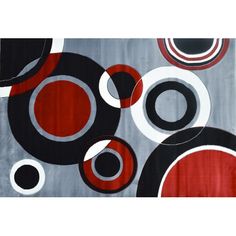 an abstract painting with black, red and white circles on grey background by corbi